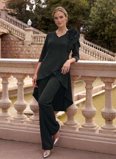 Floor-Length Jumpsuit/Pantsuit /V-Neck 3/4 Sleeves Elastic Satin(Slight Stretch) Mother Of The Bride Dresses