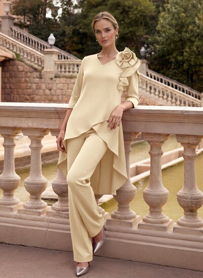 Floor-Length Jumpsuit/Pantsuit /V-Neck 3/4 Sleeves Elastic Satin(Slight Stretch) Mother Of The Bride Dresses