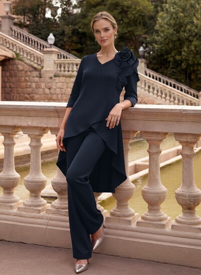 Floor-Length Jumpsuit/Pantsuit /V-Neck 3/4 Sleeves Elastic Satin(Slight Stretch) Mother Of The Bride Dresses