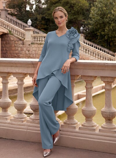 Floor-Length Jumpsuit/Pantsuit /V-Neck 3/4 Sleeves Elastic Satin(Slight Stretch) Mother Of The Bride Dresses