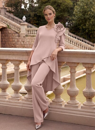 Floor-Length Jumpsuit/Pantsuit /V-Neck 3/4 Sleeves Elastic Satin(Slight Stretch) Mother Of The Bride Dresses