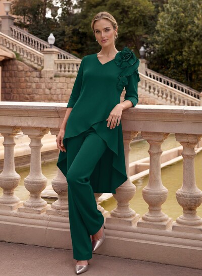 Floor-Length Jumpsuit/Pantsuit /V-Neck 3/4 Sleeves Elastic Satin(Slight Stretch) Mother Of The Bride Dresses