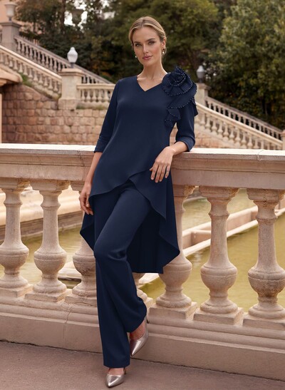 Floor-Length Jumpsuit/Pantsuit /V-Neck 3/4 Sleeves Elastic Satin(Slight Stretch) Mother Of The Bride Dresses