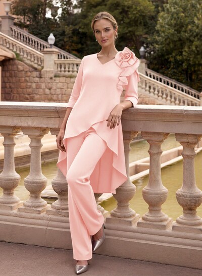 Floor-Length Jumpsuit/Pantsuit /V-Neck 3/4 Sleeves Elastic Satin(Slight Stretch) Mother Of The Bride Dresses