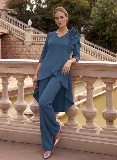 Floor-Length Jumpsuit/Pantsuit /V-Neck 3/4 Sleeves Elastic Satin(Slight Stretch) Mother Of The Bride Dresses