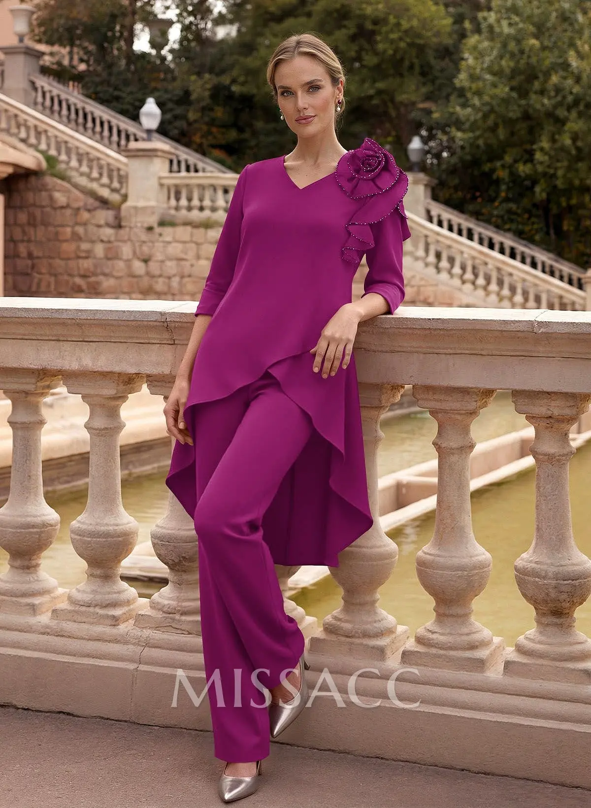 Floor-Length Jumpsuit/Pantsuit /V-Neck 3/4 Sleeves Elastic Satin(Slight Stretch) Mother Of The Bride Dresses #SMBD12757