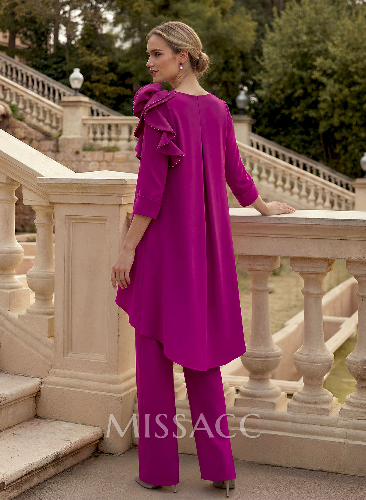 Floor-Length Jumpsuit/Pantsuit /V-Neck 3/4 Sleeves Elastic Satin(Slight Stretch) Mother Of The Bride Dresses