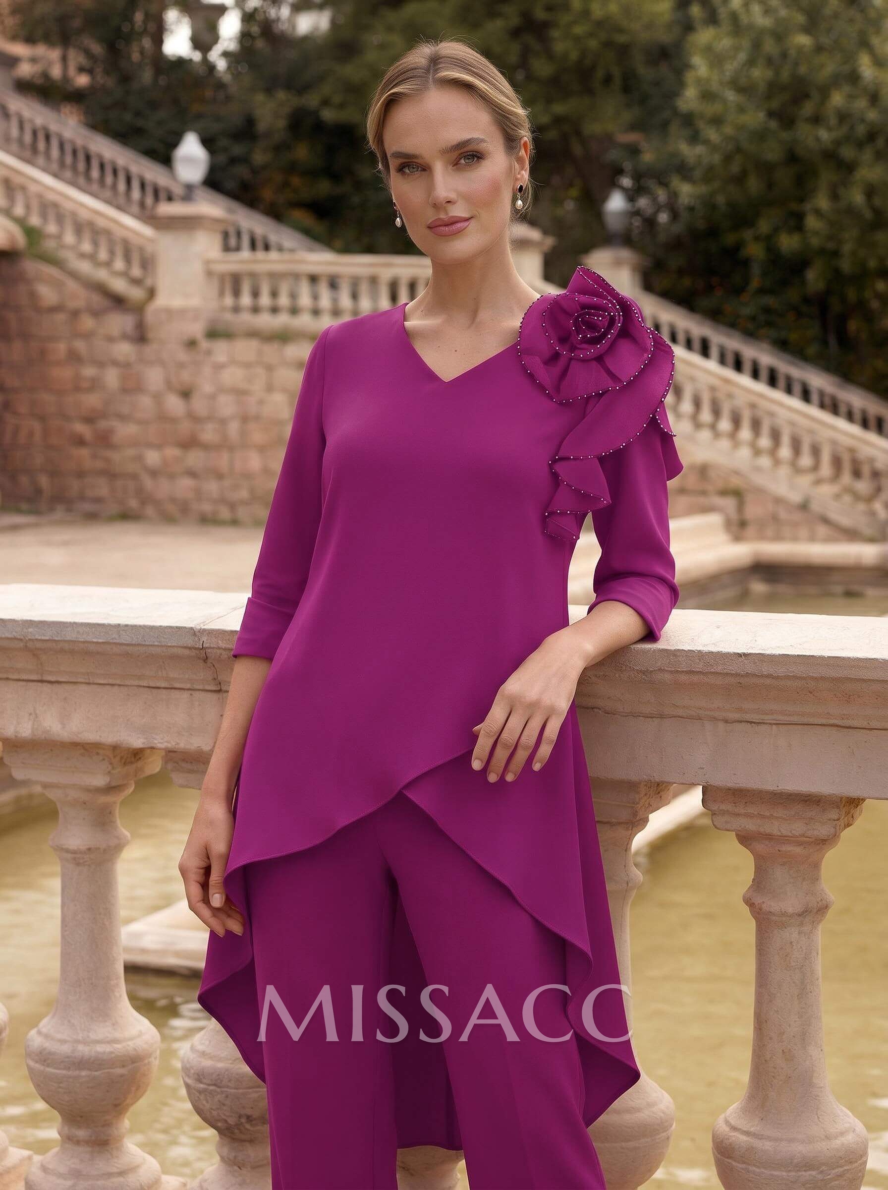 Floor-Length Jumpsuit/Pantsuit /V-Neck 3/4 Sleeves Elastic Satin(Slight Stretch) Mother Of The Bride Dresses Floor-Length Jumpsuit/Pantsuit /V-Neck 3/4 Sleeves Elastic Satin(Slight Stretch) Mother Of The Bride Dresses