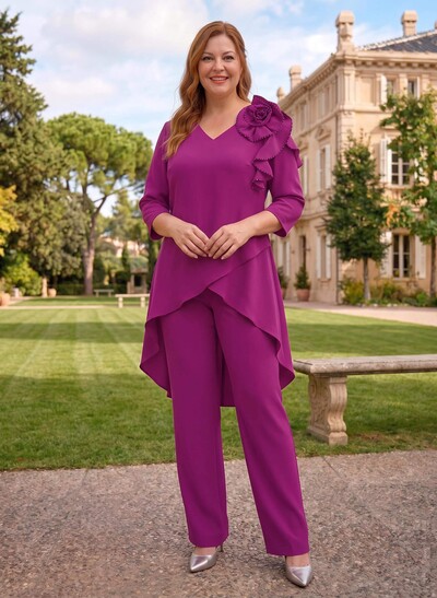 Floor-Length Jumpsuit/Pantsuit /V-Neck 3/4 Sleeves Elastic Satin(Slight Stretch) Mother Of The Bride Dresses