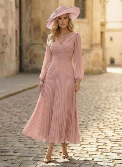 A-Line V-Neck Long Sleeves Ankle-Length Chiffon Mother Of The Bride Dresses With Pleated Bubble Hem