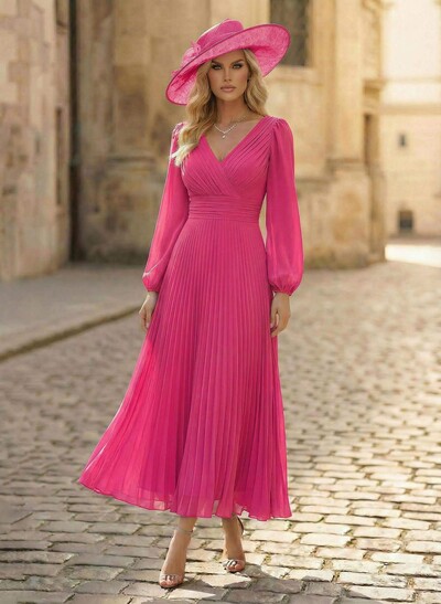 A-Line V-Neck Long Sleeves Ankle-Length Chiffon Mother Of The Bride Dresses With Pleated Bubble Hem