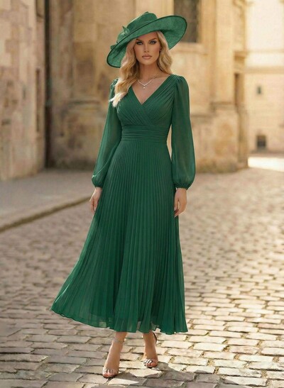 A-Line V-Neck Long Sleeves Ankle-Length Chiffon Mother Of The Bride Dresses With Pleated Bubble Hem