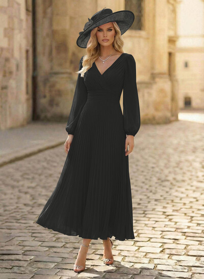 A-Line V-Neck Long Sleeves Ankle-Length Chiffon Mother Of The Bride Dresses With Pleated Bubble Hem