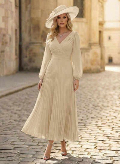 A-Line V-Neck Long Sleeves Ankle-Length Chiffon Mother Of The Bride Dresses With Pleated Bubble Hem