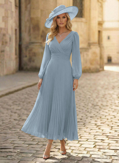 A-Line V-Neck Long Sleeves Ankle-Length Chiffon Mother Of The Bride Dresses With Pleated Bubble Hem