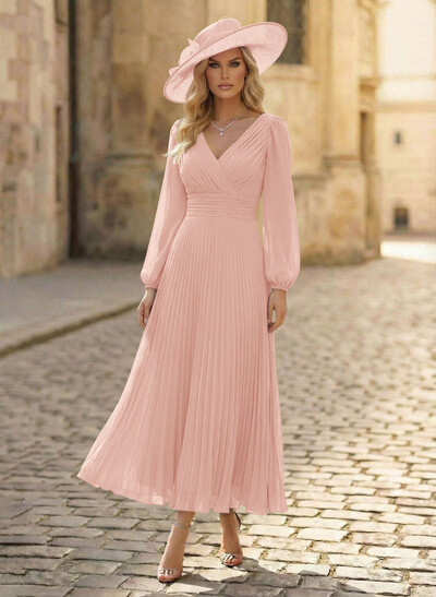 A-Line V-Neck Long Sleeves Ankle-Length Chiffon Mother Of The Bride Dresses With Pleated Bubble Hem