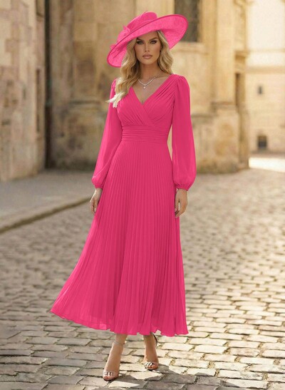 A-Line V-Neck Long Sleeves Ankle-Length Chiffon Mother Of The Bride Dresses With Pleated Bubble Hem