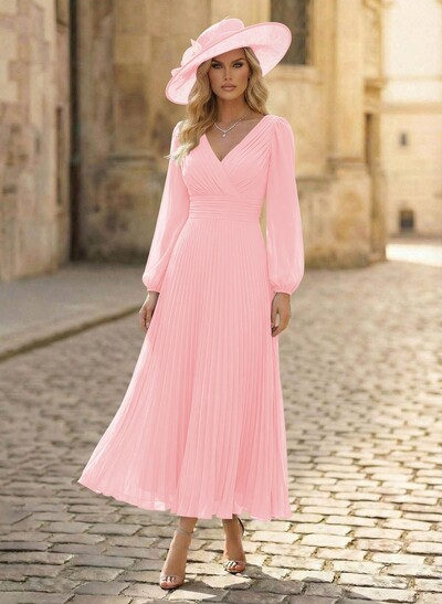 A-Line V-Neck Long Sleeves Ankle-Length Chiffon Mother Of The Bride Dresses With Pleated Bubble Hem