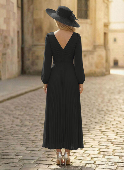 A-Line V-Neck Long Sleeves Ankle-Length Chiffon Mother Of The Bride Dresses With Pleated Bubble Hem