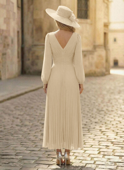 A-Line V-Neck Long Sleeves Ankle-Length Chiffon Mother Of The Bride Dresses With Pleated Bubble Hem