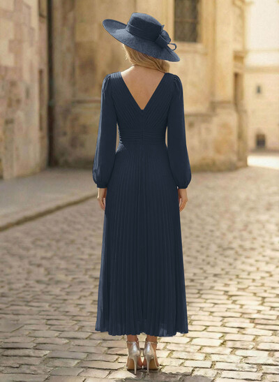 A-Line V-Neck Long Sleeves Ankle-Length Chiffon Mother Of The Bride Dresses With Pleated Bubble Hem