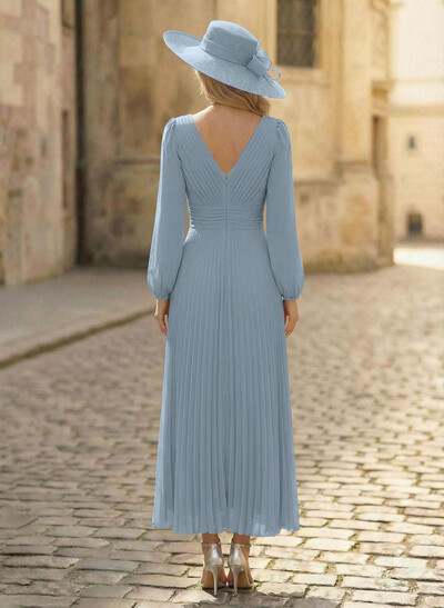 A-Line V-Neck Long Sleeves Ankle-Length Chiffon Mother Of The Bride Dresses With Pleated Bubble Hem