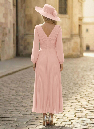 A-Line V-Neck Long Sleeves Ankle-Length Chiffon Mother Of The Bride Dresses With Pleated Bubble Hem