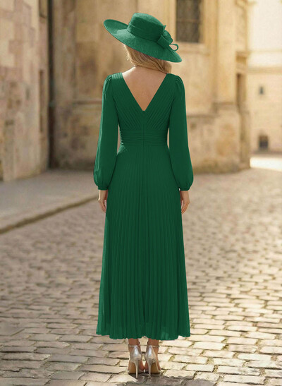 A-Line V-Neck Long Sleeves Ankle-Length Chiffon Mother Of The Bride Dresses With Pleated Bubble Hem