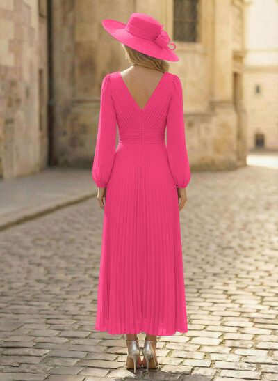 A-Line V-Neck Long Sleeves Ankle-Length Chiffon Mother Of The Bride Dresses With Pleated Bubble Hem
