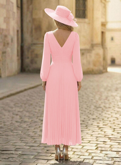 A-Line V-Neck Long Sleeves Ankle-Length Chiffon Mother Of The Bride Dresses With Pleated Bubble Hem