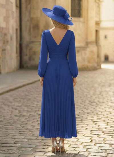 A-Line V-Neck Long Sleeves Ankle-Length Chiffon Mother Of The Bride Dresses With Pleated Bubble Hem