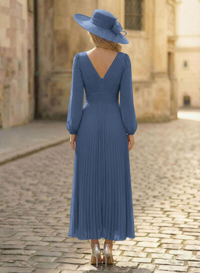 A-Line V-Neck Long Sleeves Ankle-Length Chiffon Mother Of The Bride Dresses With Pleated Bubble Hem