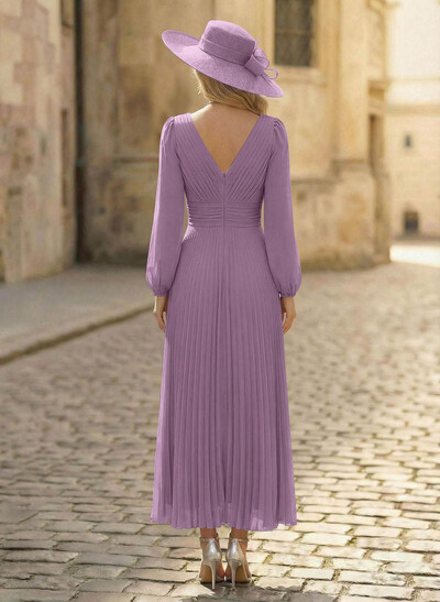 A-Line V-Neck Long Sleeves Ankle-Length Chiffon Mother Of The Bride Dresses With Pleated Bubble Hem