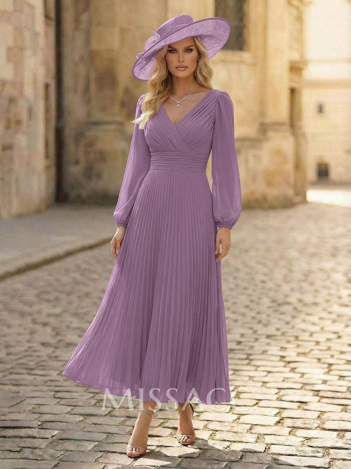 A-Line V-Neck Long Sleeves Ankle-Length Chiffon Mother Of The Bride Dresses With Pleated Bubble Hem