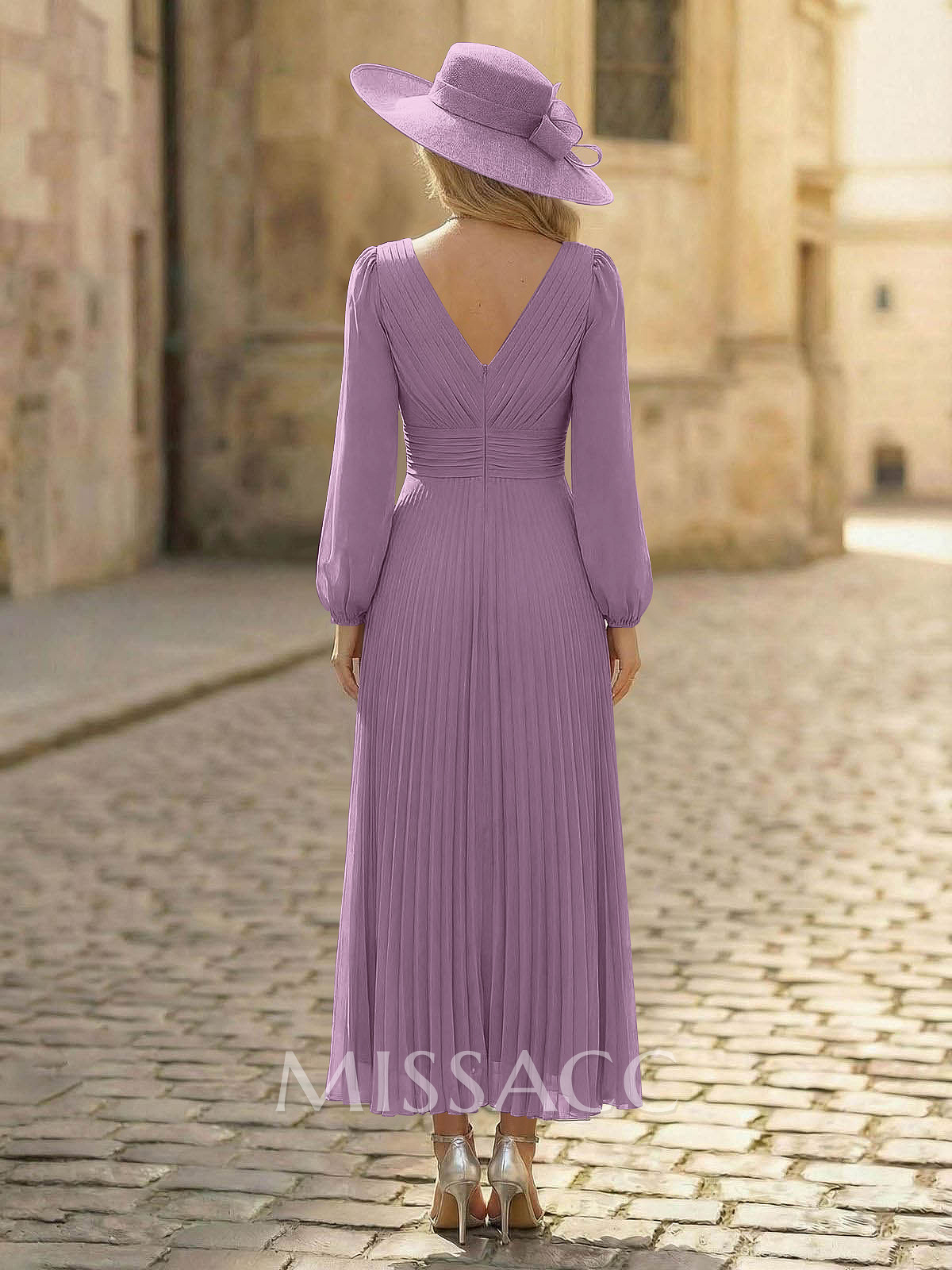 A-Line V-Neck Long Sleeves Ankle-Length Chiffon Mother Of The Bride Dresses With Pleated Bubble Hem A-Line V-Neck Long Sleeves Ankle-Length Chiffon Mother Of The Bride Dresses With Pleated Bubble Hem