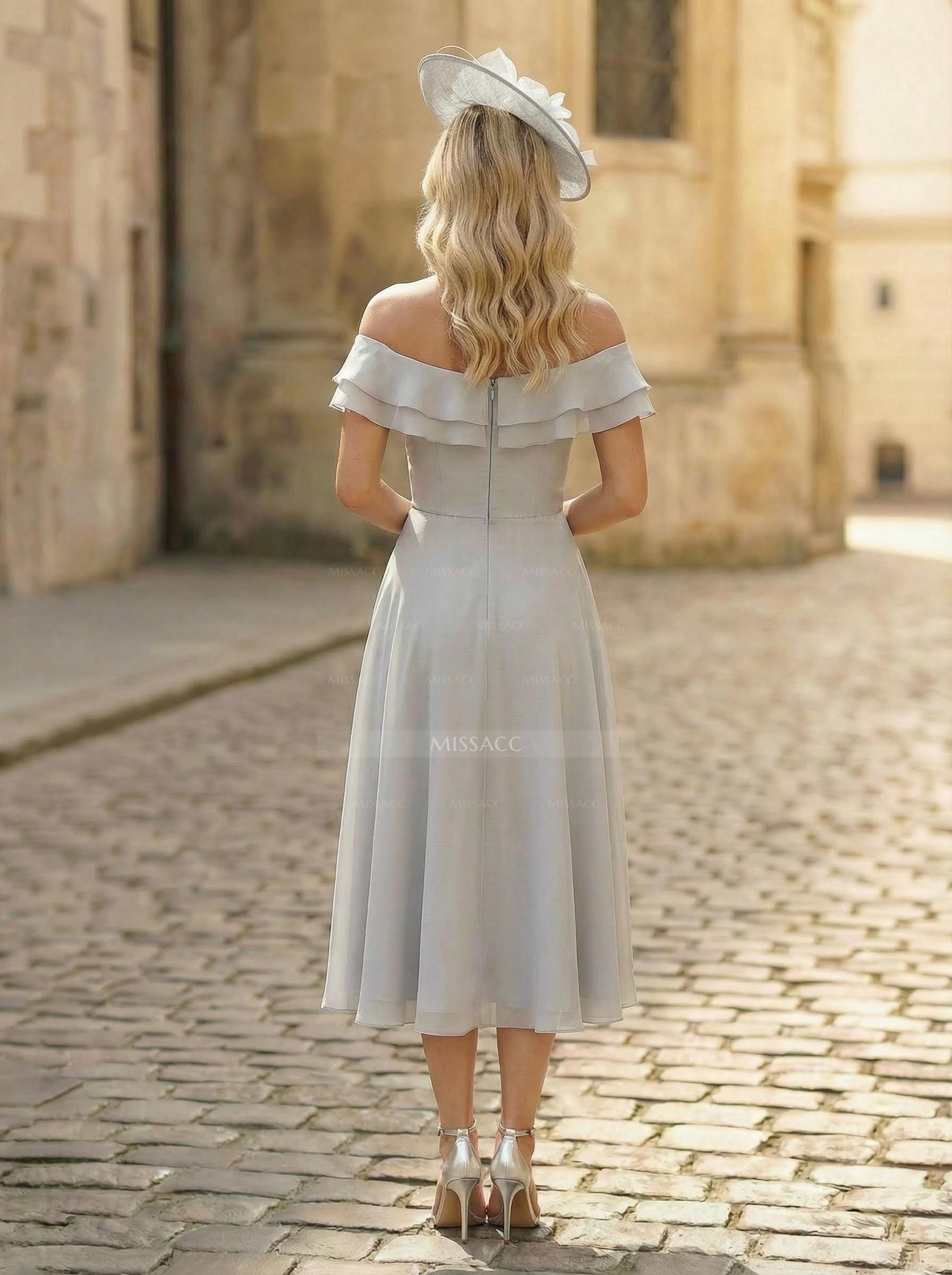 A-Line Off-The-Shoulder Sleeveless Ankle-Length Chiffon Mother Of The Bride Dresses With Cascading Ruffles Sweeping Side Drape