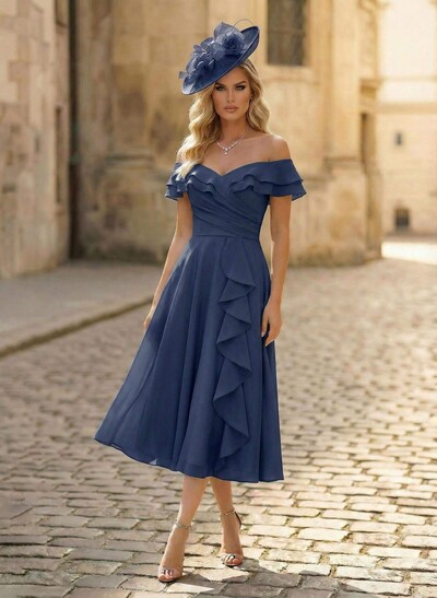 A-Line Off-The-Shoulder Sleeveless Ankle-Length Chiffon Mother Of The Bride Dresses With Cascading Ruffles Sweeping Side Drape