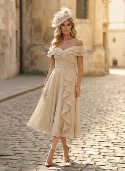 A-Line Off-The-Shoulder Sleeveless Ankle-Length Chiffon Mother Of The Bride Dresses With Cascading Ruffles Sweeping Side Drape
