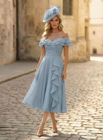 A-Line Off-The-Shoulder Sleeveless Ankle-Length Chiffon Mother Of The Bride Dresses With Cascading Ruffles Sweeping Side Drape