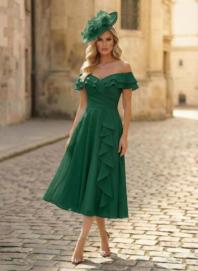 A-Line Off-The-Shoulder Sleeveless Ankle-Length Chiffon Mother Of The Bride Dresses With Cascading Ruffles Sweeping Side Drape