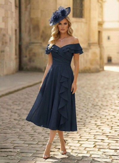 A-Line Off-The-Shoulder Sleeveless Ankle-Length Chiffon Mother Of The Bride Dresses With Cascading Ruffles Sweeping Side Drape