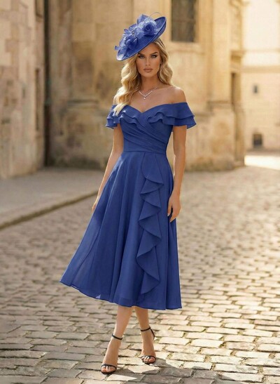 A-Line Off-The-Shoulder Sleeveless Ankle-Length Chiffon Mother Of The Bride Dresses With Cascading Ruffles Sweeping Side Drape