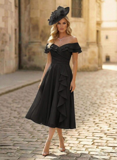 A-Line Off-The-Shoulder Sleeveless Ankle-Length Chiffon Mother Of The Bride Dresses With Cascading Ruffles Sweeping Side Drape