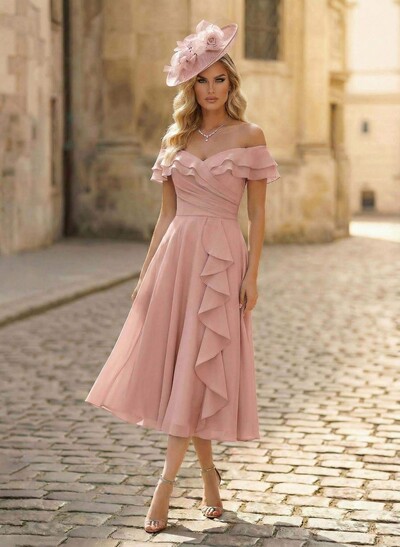 A-Line Off-The-Shoulder Sleeveless Ankle-Length Chiffon Mother Of The Bride Dresses With Cascading Ruffles Sweeping Side Drape