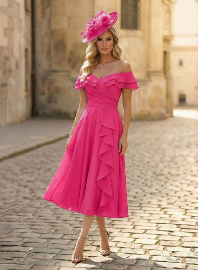 A-Line Off-The-Shoulder Sleeveless Ankle-Length Chiffon Mother Of The Bride Dresses With Cascading Ruffles Sweeping Side Drape