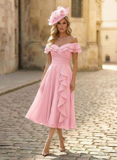 A-Line Off-The-Shoulder Sleeveless Ankle-Length Chiffon Mother Of The Bride Dresses With Cascading Ruffles Sweeping Side Drape