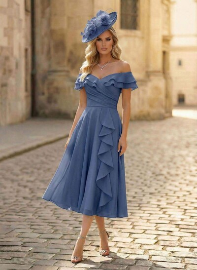 A-Line Off-The-Shoulder Sleeveless Ankle-Length Chiffon Mother Of The Bride Dresses With Cascading Ruffles Sweeping Side Drape
