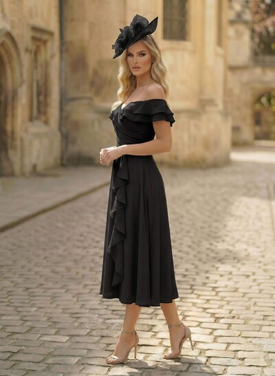 A-Line Off-The-Shoulder Sleeveless Ankle-Length Chiffon Mother Of The Bride Dresses With Cascading Ruffles Sweeping Side Drape