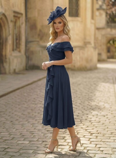 A-Line Off-The-Shoulder Sleeveless Ankle-Length Chiffon Mother Of The Bride Dresses With Cascading Ruffles Sweeping Side Drape