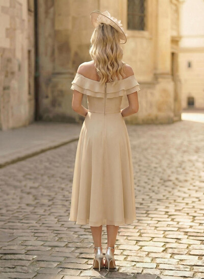 A-Line Off-The-Shoulder Sleeveless Ankle-Length Chiffon Mother Of The Bride Dresses With Cascading Ruffles Sweeping Side Drape